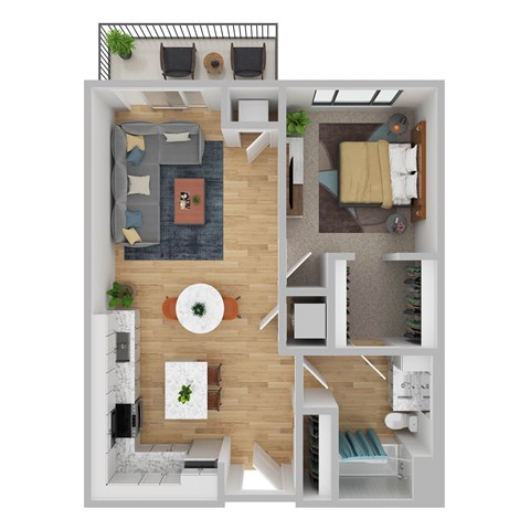 Floor plan for 1 bed, 1 bath, 698 sqft